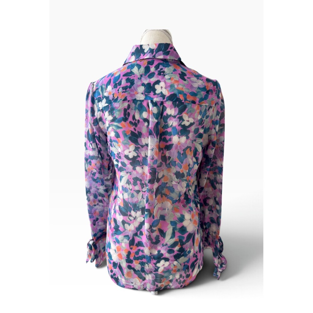 Carlisle Collection 100% Silk Floral Artsy Button Front Blouse Tie Cuffs Size 4 - Picture 3 of 8